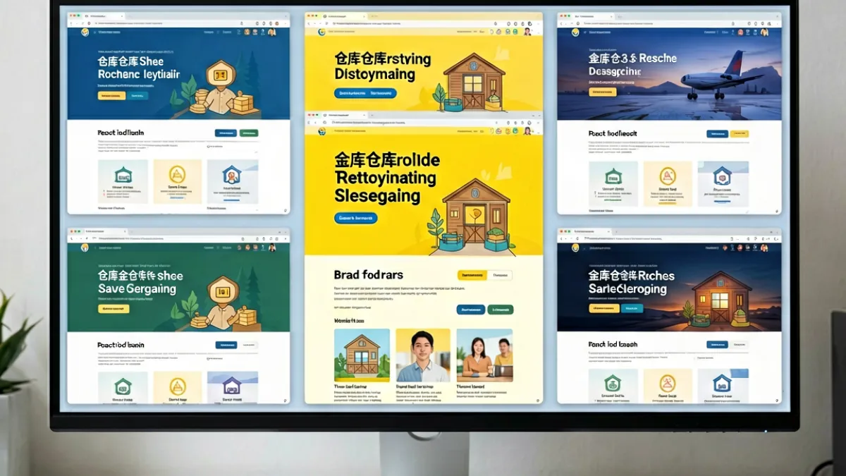 黄色仓库与多个同类平台在电脑屏幕上并排展示，对比各自的首页界面与分类结构